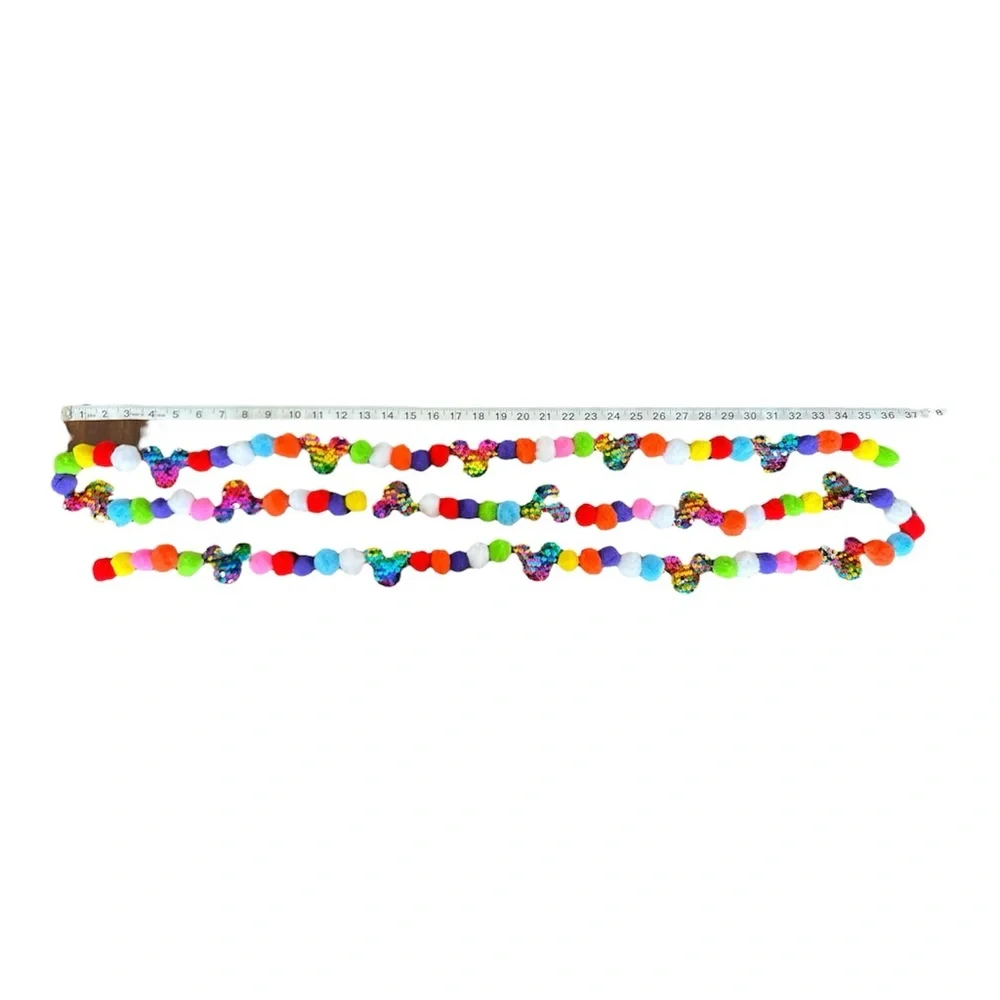 9 ft Disney Mickey Birthday Sequin Pom Pom Garland Handmade on Clear Line